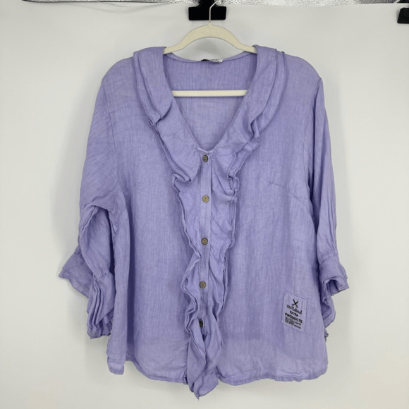 Womens 100% linen 3/4 Sleeve Button Front Blouse Size M Purple Ruffles Fairy - Picture 12 of 12